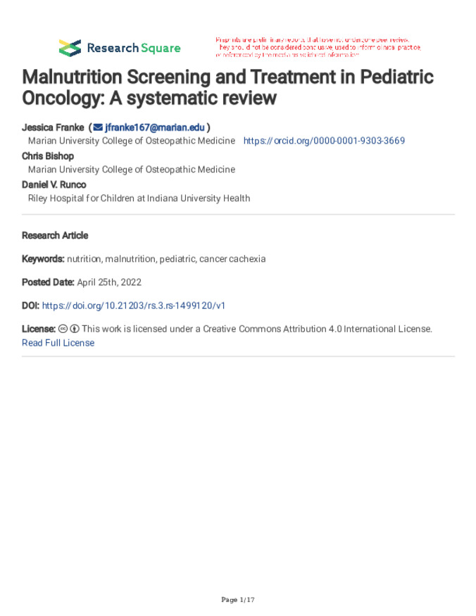 Malnutrition Screening and Treatment in Pediatric Oncology: A systematic review Miniature