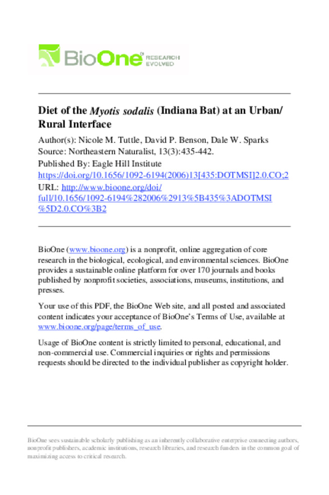  Diet of the Myotis Sodalis (Indiana Bat) at an Urban/Rural Interface Miniature