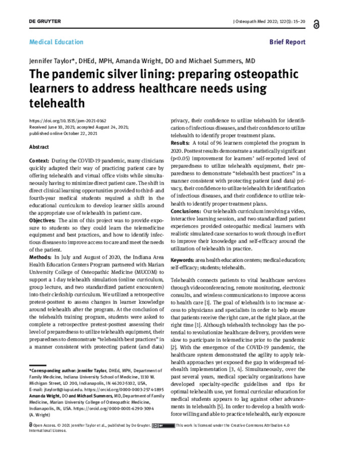 The pandemic silver lining: preparing osteopathic learners to address healthcare needs using telehealth Miniature