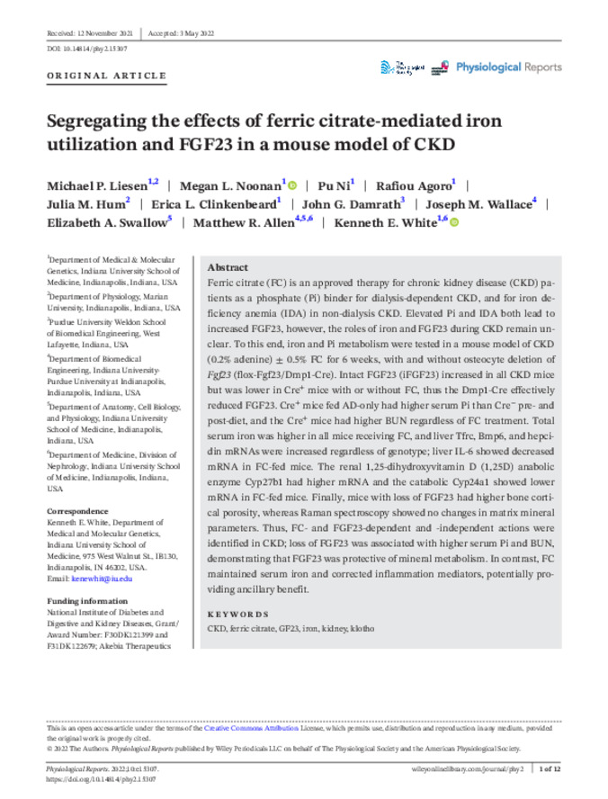 Segregating the effects of ferric citrate-mediated iron utilization and FGF23 in a mouse model of CKD Thumbnail