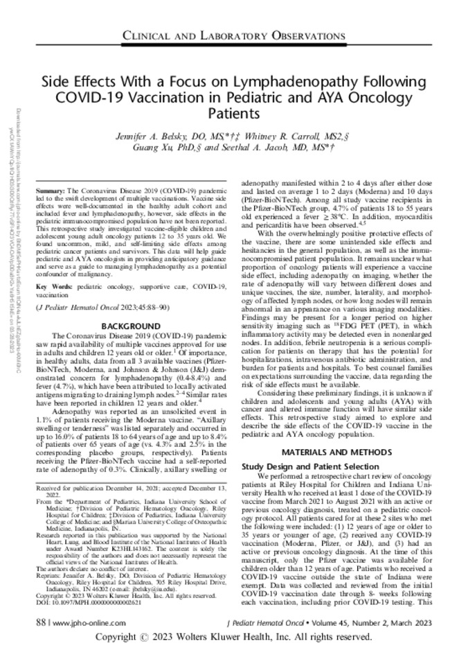  Side Effects With a Focus on Lymphadenopathy Following COVID-19 Vaccination in Pediatric and AYA Oncology Patients  miniatura