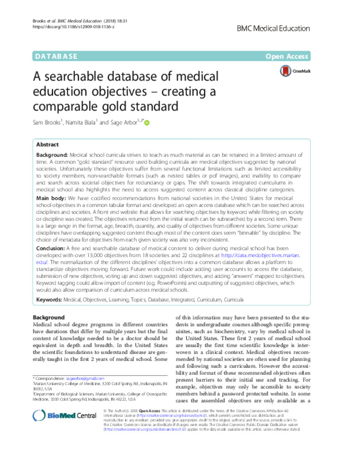 A Searchable Database of Medical Education Objectives - Creating A Comparable Gold Standard miniatura