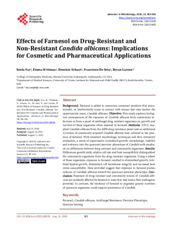 Effects of Farnesol on Drug-Resistant and Non-Resistant Candida albicans: Implications for Cosmetic and Pharmaceutical Applications 缩略图
