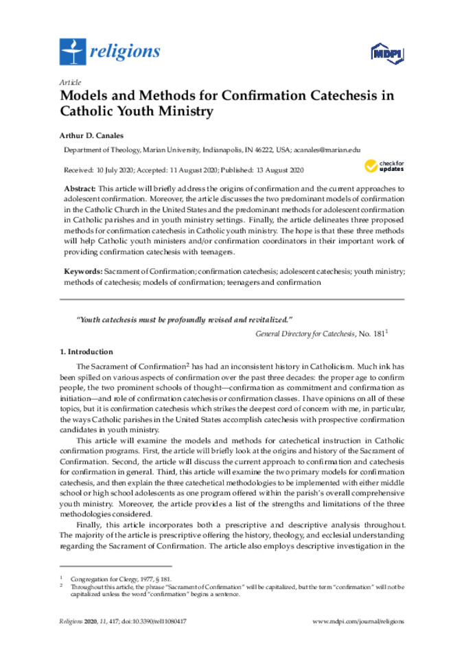 Models and Methods for Confirmation Catechesis in Catholic Youth Ministry Thumbnail