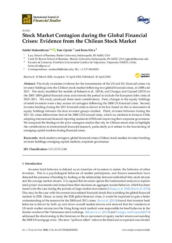  Stock Market Contagion during the Global Financial Crises: Evidence from the Chilean Stock Market  Thumbnail