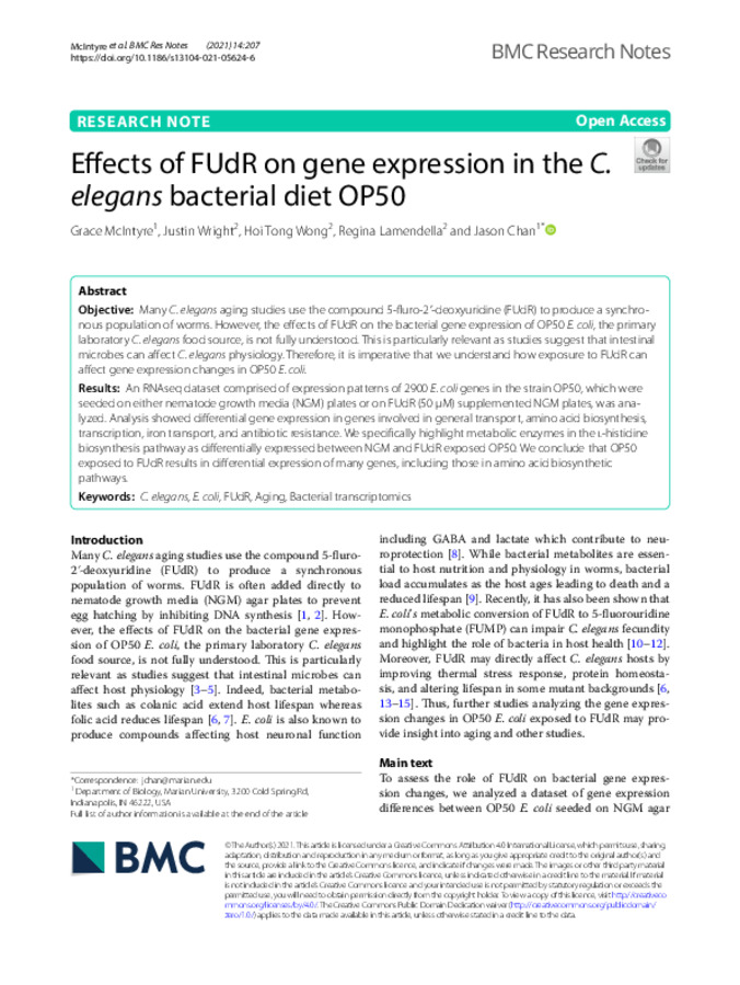 Effects of FUdR on gene expression in the C. elegans bacterial diet OP50 Thumbnail