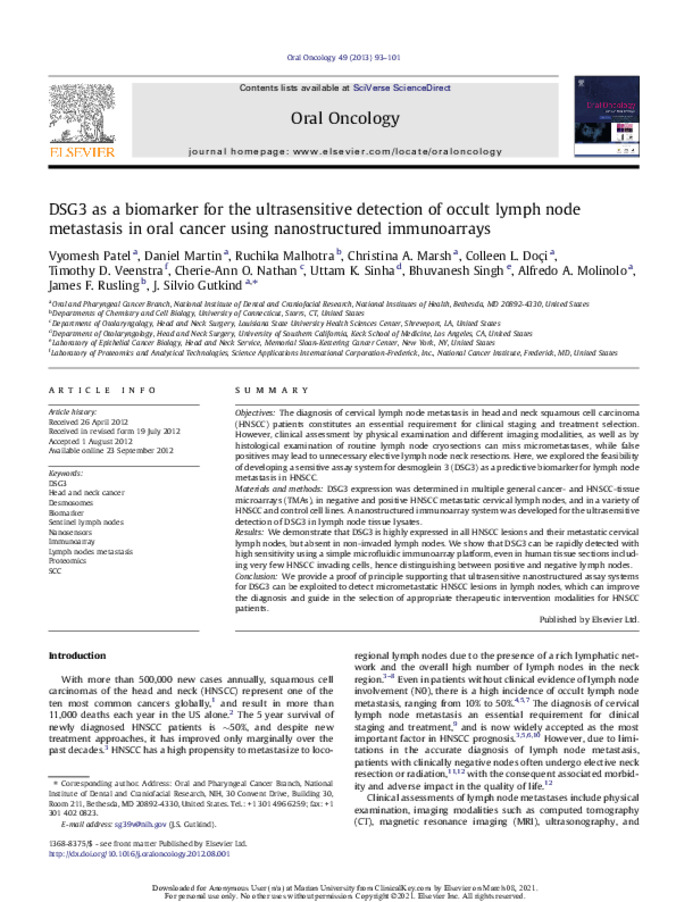 DSG3 as a biomarker for the ultrasensitive detection of occult lymph node metastasis in oral cancer using nanostructured immunoarrays. Miniaturansicht