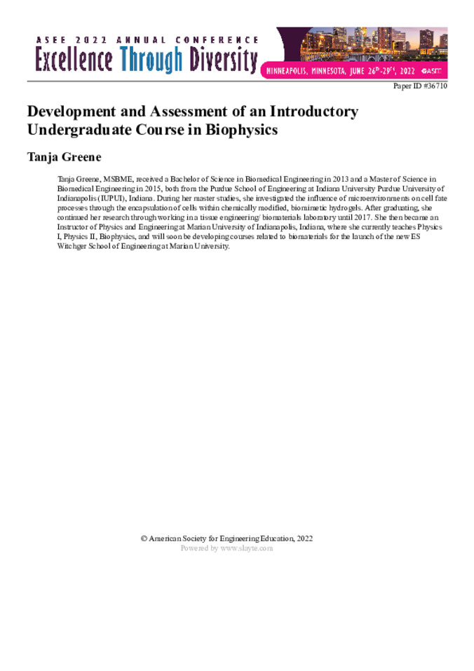 Development and Assessment of an Introductory Undergraduate Course in Biophysics 缩略图